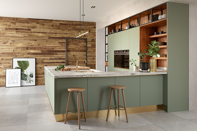 Gold and regiment green modern handleless kitchen CGI