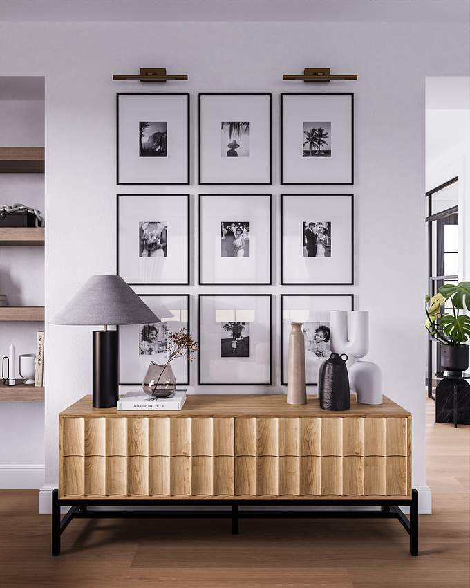 Gallery Wall with Picture Wall Lights, Console table with decor
