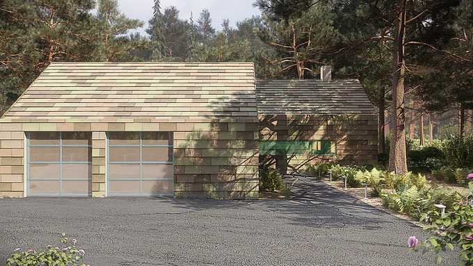 www.7cgi.com - http://www.7cgi.com
This is from a series of Images produced for a proposed dueling next to Stadler Road. This is the drive way and entry.
The design was done by client who are a group of architects. The purpose of this greenish zigzag wall and roof tiles is that the house blends in with the forest greenery. The client provided some photos of the forest for us to get an idea of environment. It was a challenge to create a virtual replica of the forest. And definitely labor intensive. But it’s really a great experience. We were enjoying anything in the project except the render time. Our exceptional team work helped us to optimize the scene for fast rendering. I want to thank Mr. Fitch for sending us all the info at the very beginning of the project. We really had a clear vision of what we want to achieve. So the forest could not stop us to produce a photo realistic and artistic impression of the house.