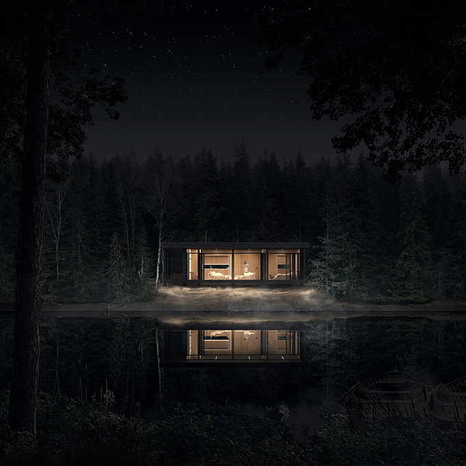 https://www.behance.net/piotr_lutarewicz
Night view from across the lake on a cabin.