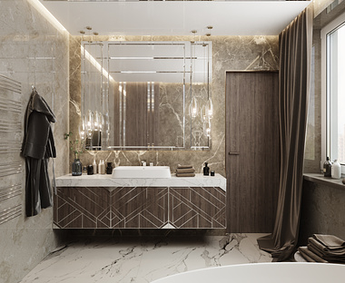Luxurious bathroom in a lovely warm design.