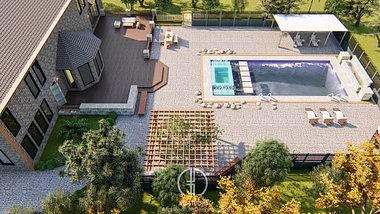 A rendering of a swimming pool in front of a house. 