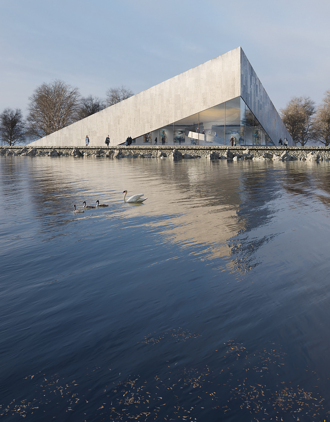 Spike Gallery is a conceptual design of a Gallery on the Riverside.
The simple shapelike design gives the esthetic simplicity of the image. Pointing out the difference and the balance between water and stone.