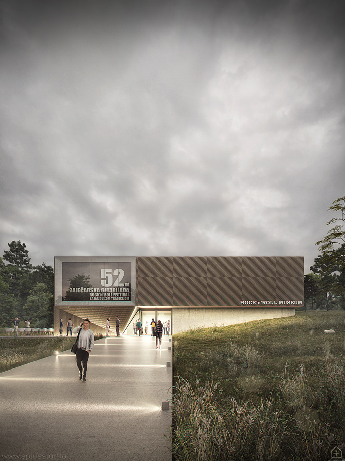 http://www.aplusstud.io
Here are the renders we did in January last year for Kapaprojekt , an architectural firm from our home city of Niš.

The project is for the Rock'n'Roll Museum in Zaječar. The building will be located right beside the field where Zaječar Rock Guitar festival is held. It is the oldest and longest consecutive Rock'n'Roll manifestation in Europe!


Location: Zaječar, Serbia.


We hope you like it!