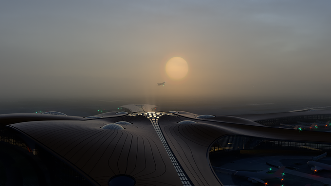 First flight at Daxing Airport, still from a film by Minmud about the construction of Zaha Hadid's Daxing Airport in Bijing, China.