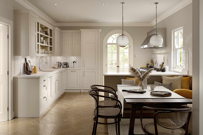 Another of our recent CGI interiors from a kitchen layout supplied by our client. This elegant shaker kitchen bridges modern and traditional using a layout that carries the cabinetry through from the kitchen into the dining space using complimenting bench seating. 
The scene was crafted by our artists using 3DSMax with Corona renderer,  colour accuracy adjustments and tweaks in Adobe Photoshop and Fusion Studio 16.

More kitchen CGI from this project > www.pikcells.com/portfolio/life-kitchens-cgi