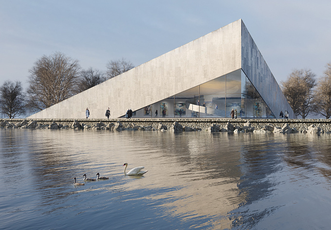 Spike Gallery is a conceptual design of a Gallery on the Riverside.
The simple shapelike design gives the esthetic simplicity of the image. Pointing out the difference and the balance between water and stone.