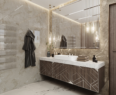 Luxurious bathroom in a lovely warm design.