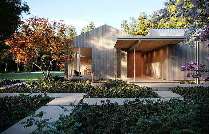 Situated in a lightwell in the trees of a densely wooded Pacific Northwest Site, the Cascade project is a modern series of gables set against the wild landscape.  Lush, dark greens make the silver cladding of the house pop. 

Client: Heliotrope Architects