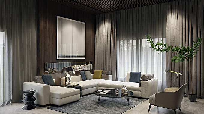 archicgi - https://archicgi.com
Because of the smart use of lighting, gray and brown don’t look dark and gloomy in this living room design. The 3D visualization done by our 3DArtist brings you in the harmonic homy atmosphere.