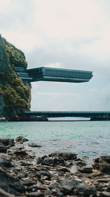 CGI A Futuristic Building on a Mountainside Over the Sea! 