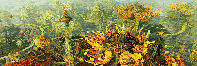 High concept architectural illustration.  This was reproduced as an 8' x 30' mural I did for Burning Man.

I was going for a vibrant biomimicry-inspired city. (If you look closely, the "flower" Is made of many little "floors.") The idea was something that different subgroups from the Burner community could resonate with. Some of them very reverent of nature/spirituality, and other ones "techno/futurists" - so some kind of fanciful, high tech city modeled after nature seemed to be a way to unite those two forces, done so in a really celebratory way