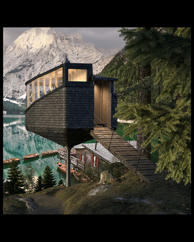 Taken from the existing "Woodnest Cabin" by @helenhardarchitects, located in Odda (Norway), I imagined that these cabins could also be located in Italy, along the shores of Lake Braies, which offers an enchanting natural paronama that certainly deserves the opportunity to be enjoyed in tranquility and peace, perhaps sipping a glass of good Italian wine.
⠀
Credits:
Original background 》Edited but it's taken from a great photo by @jeisonhiguitas.
Composition 》Inspired by @ellingsensindre photography.

[3DS Max | Corona | Photoshop for BG customization only]