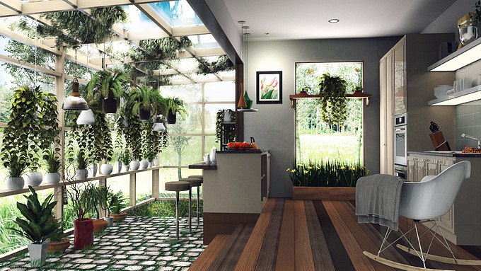 I tried to make my dream kitchen that embraces the environment with lot of green. 
I made using sketchup and rendered using Keyshot. Post in Photoshop and snapseed.