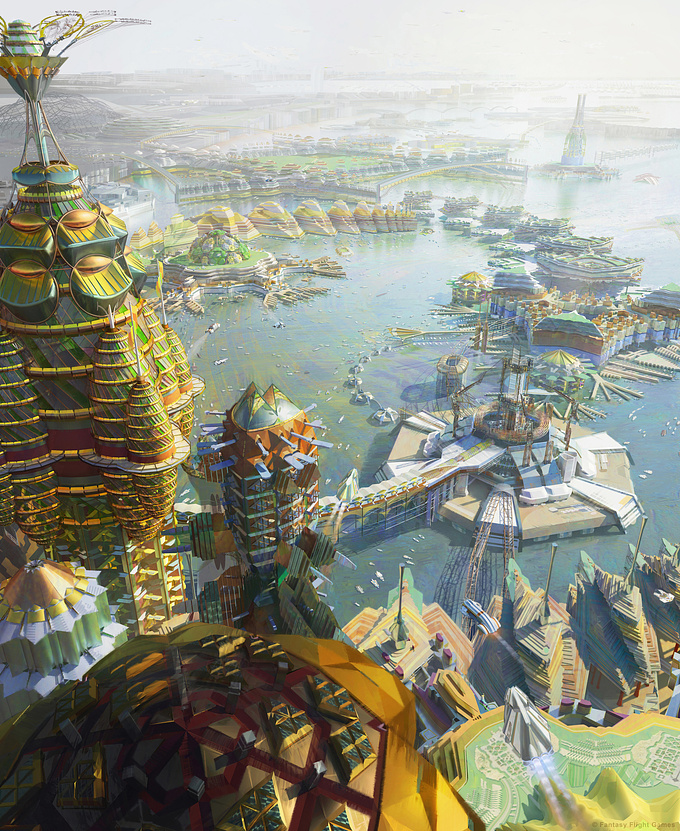 Fantasy Flight Games
A positive-future concept render of Kampala, Uganda, ~150 years in the future in the midst of constructing a space elevator in Lake Victoria. I was looking at African basket designs as well as the fact that many village floor plans were fractal.  3DS Max/Mental Ray.