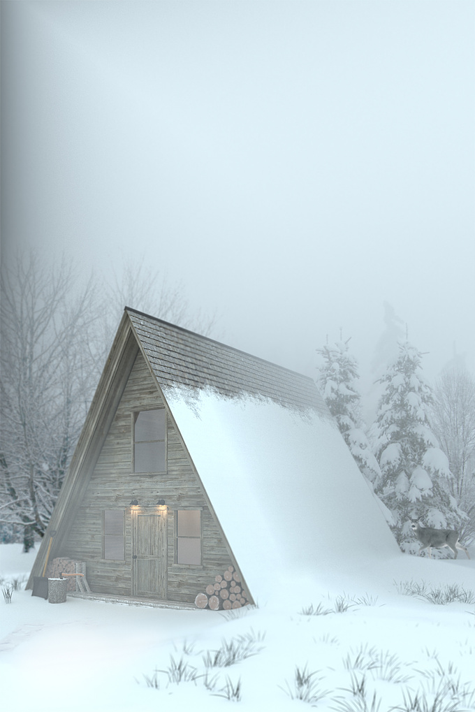 I wanted to practice a snowy scene, so I decided to do a quick weekend project. The cabin itself and the snow is all CG, done in 3DS Max and Mudbox (for sculpting the snow). I rendered in VRay with some VRay Environment Fog to diffuse the light and add some atmosphere. The background was all done in Photoshop.