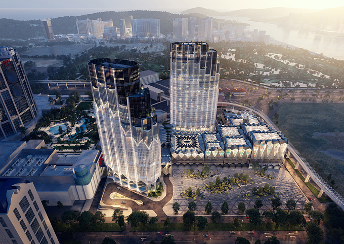 An aerial view of the Studio City development in Macau