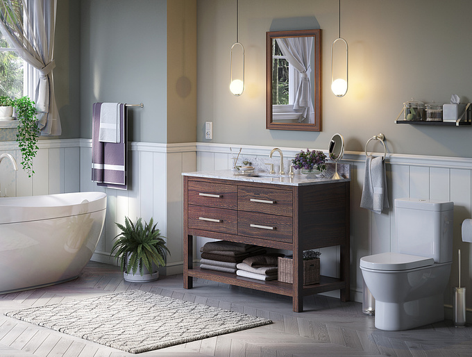 Conceptual interior environment for a product rendering. Bathroom vanity is a main product in this case and the client is Greentouch Home, a furniture company. Goal of the project was to show potential buyers how they can rearrange their bathroom around this beautiful piece of furniture. 