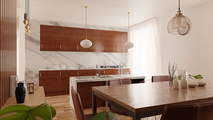 https://www.behance.net/Benianus
In the majority of this type of projects the kitchen is sperate from the dining room, so i think to make the dining room as an extension to kitchen as a same space.about the style i choose the modern because is a renovation project and when we renovat we always go ahead with some touche of the minimalist style.Finaly, concerning the color i put the hot color at the floor and the white at the cieling and the walls expect one wall i choose a fine dark wood to give depth for the extension of the dining room.