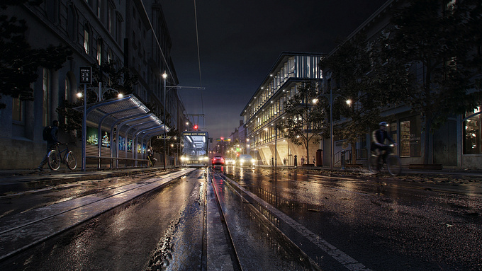 http://makonimation.com/
A modern glass facade building in a city on a rainy night. Done with 3ds max, vray, forest pack, nuke and photoshop.

Been building lots of wet roads for my work so I thought I'd brush up on it even more with a personal project. The roads, ground and tram lines have almost no matte painting on top of it other than colour grading.