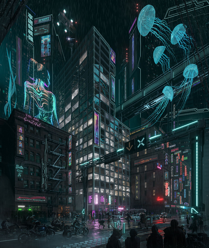 4 styles in 1 project: sunny and foggy day, noir night and cyberpunk