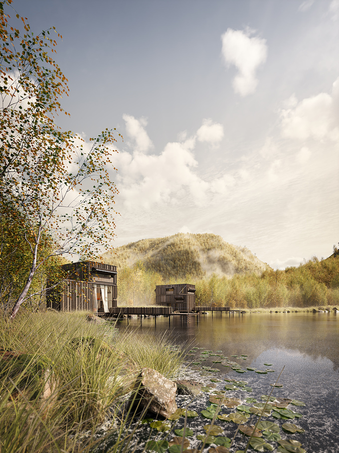 This is in exterior visualisation about a design for cabins next to a lake in Austria. The idea was to present the project in their natural surounding, in an autumn atmospere.