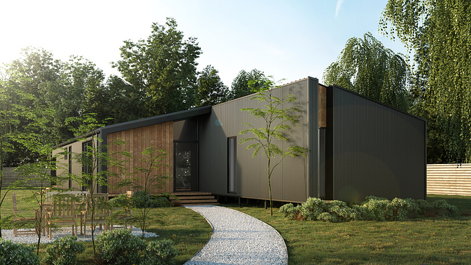 Architectural visualization of a house made of shipping containers. 