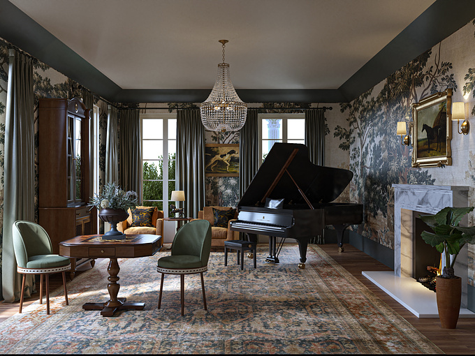 Archviz project of both music room and library for a classic style villa