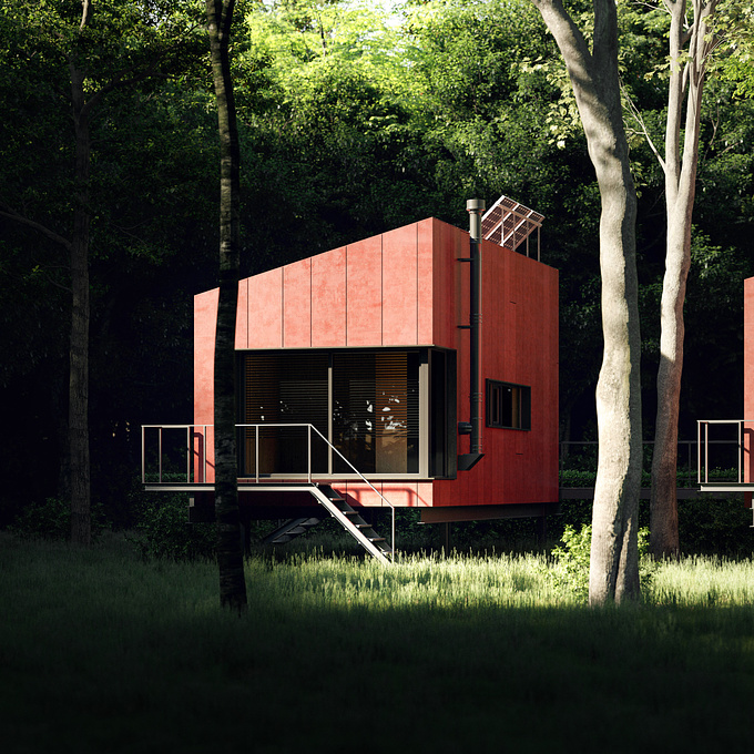Exterior rendering of red bungalows in a natural environment architecture project
