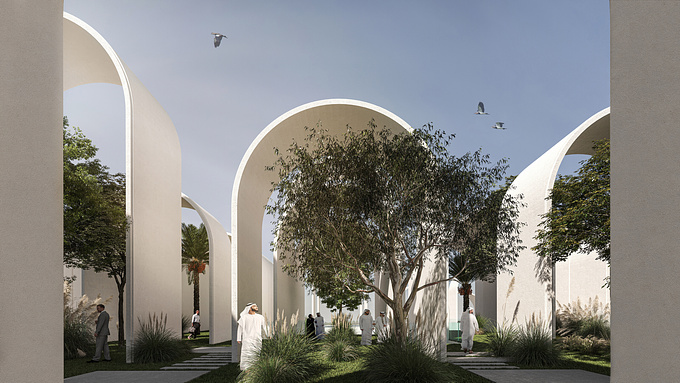 Shortlisted for the Rifat Chadirji Prize 2019: COdESIGN from Dubai, UAE. For the prize's 2019 theme of designing a museum for modern Arab art in Sharjah, UAE, COdESIGN conceived a bilding that features a series of repeated large arches, a multimedia facede facing the main road and a multilevel lanscape. The architects intended the project to be in continuity with the local architectural heritage while also acting as a cultural and communicative hub for events and organisations.