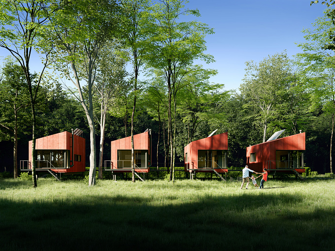 Exterior rendering of red bungalows in a natural environment architecture project