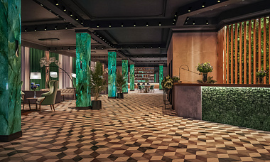 Concept of hotel lobby, cafe and room