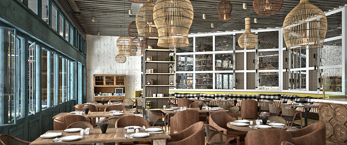 Espacio y Forma Render Studio - http://www.espacioyforma.com
The challenge with this restaurant was to recreate the warmth of the materials. As you can appreciate, the one that predominates is the wood, for which it was needed some physical samples obtained with carpenters of the project. They developed a total of seven different textures, which they varied in hue and finish.
As you can observe, most of the materials are natural like the leather on the chairs, the marble on top of the counters, the lamps are made of a wood material and covered in a cloth made out of bejuco.
All the objects and materials in this scene were developed with the intention of recreating the mood of a rustic italian cousine, as previously mentioned, always attached to the design made by the architects.