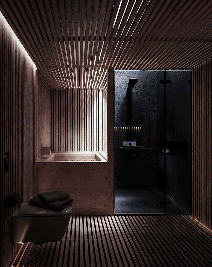 Personal project, exploring the idea of a dark bathroom. Inspired by the essay In Praise of Shadows by Jun'ichirō Tanizaki, wherein he describes his preference for early 20th century Japanese bathrooms over Western styles, with their brightly lit, super-clean look. Bathrooms should be place for calm, rest, and solitude, he argues. With that in mind, this bathroom is stripped back to only the essentials and designed to envelop the user in natural materials to evoke the sense of forests and caves.