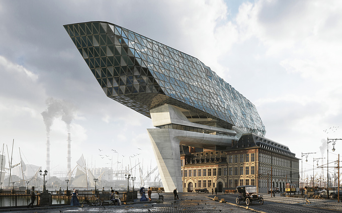 Its an interesting and challenging thing: to tell a story in one still image. And during the thoughts about it I saw ''Antwerp Port House'' projects by Zaha Hadid Architects, which has amazing contrast view of an old building and a new futuristic shape. It perfectly demonstrates the connection between centuries. Thats' why it was chosen to show time traveling.
Like the movie ''The Time Machine (2002)'' in which the main hero was time traveling using a Machine that stays static location-wise, the render shows how the atmosphere and the surroundings will be changed by going back in time, while the main building stays the same.
