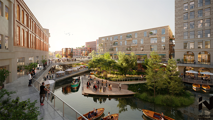 City of Beaumont may build a modern bustling “riverwalk”，Designed by SWA Group， INV CG provided the renderings.