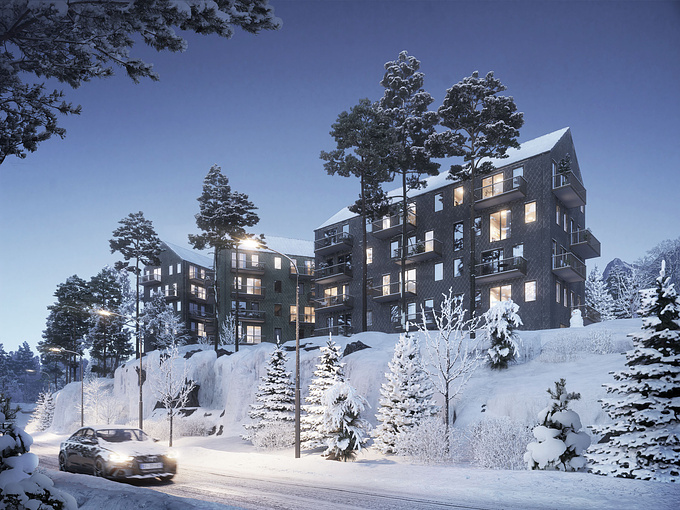 Residential complex located near the city of Gothenburg. Close to nature, located above a hill, due to which the noise of the road will not disturb the inhabitants of the houses. The complex offers a gorgeous view of the forest.
