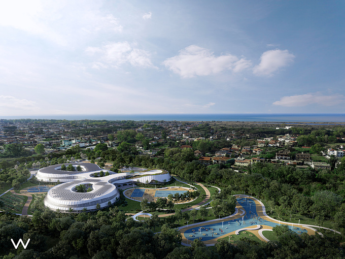 For the ambitious educational complex, part of an international design competition, we curated highly impactful 3D renderings unveiling the extraordinary features of the project, highlighting its striking architecture through its curved shapes and the deep connection between the building and its surrounding landscape.