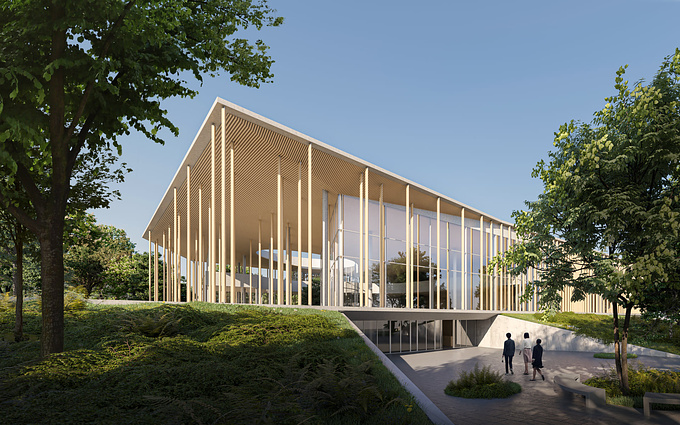 Archi.doc Architecture Studio's vision for the multifunctional conference center, based in Sopron, Hungary, respects the link between the woods and the city. The wooden columns of the building create a transition between the inside and outside as a veranda, reinforcing the natural feel. 

We illustrate how the conference center can become part of the forest’s fabric by showing the building from the environment’s perspective and applying soft hues. 

With this design, Archi.doc won third place in the competition.  