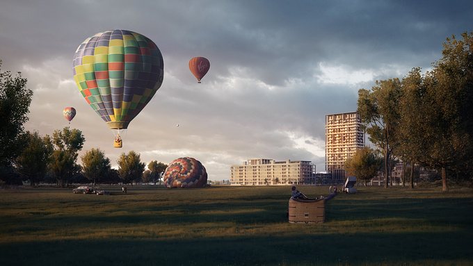 ZOA3D - https://zoa3d.com
_BALLOONS _
The play of lights and shadows can fill up with nice details even the largest of green areas, of course a few added hot air ballons can help as well:) A project done by Balázs BALOGH @ ZOA for Triple Living, Belgium.