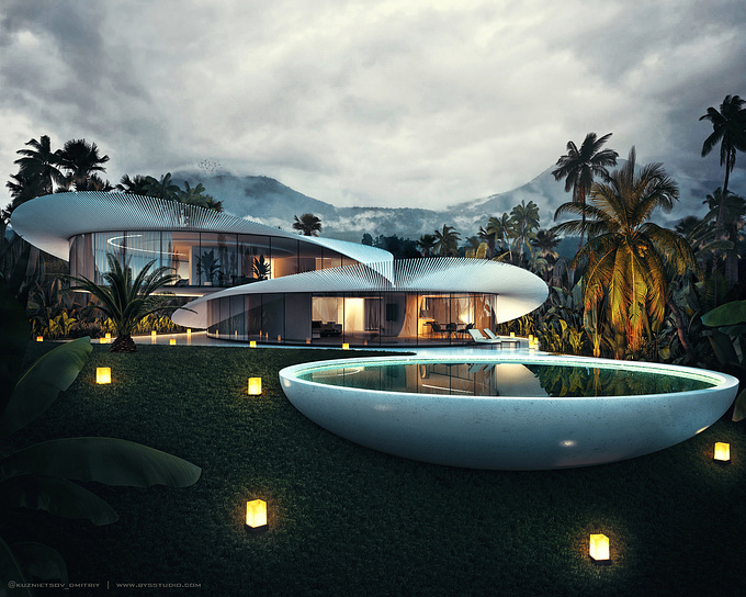 KUZNIETSOV_DMITRIY_ARCHITECT - http://bysstudio.com
GLASS HOUSE is a private house in Bali, Indonesia.
The building has 2 oval shape floors with glass facades. 
The pool is designed as a hemisphere covered with a blue mosaic inside.
There are lobby, hall, kitchen, bathroom, wardrobe on the 1st floor and 2 bedrooms, bathroom, wardrobe, open terrace on the 2nd floor.
Decorative elements in the form of long sticks used as sun protection. They have 3 positions: closed house, opened house and cool mode. You can set any position by using your smartphone. 
Each stick has smart sensors, so you shouldn`t worry they will hit you. 
You can lower sticks if you leave home for a long time.

Architect - Kuznietsov Dmitriy
Visualization - Kuznietsov Dmitriy

Contacts:
Website - bysstudio.com
Email - info@bysstudio.com
Instagram - @kuznietsov_dmitriy
Behance - https://www.behance.net/gallery/73843667/Glass-house-Bali