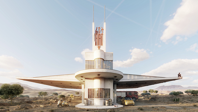 The Fiat Tagliero Building is a Futurist-style service station in Asmara, Eritrea. It was completed in 1938, and designed by the Italian engineer, Giuseppe Pettazzi. Here is my interpretation of this building by the Italian who to test its futuristic design really stood on the end of the roof.