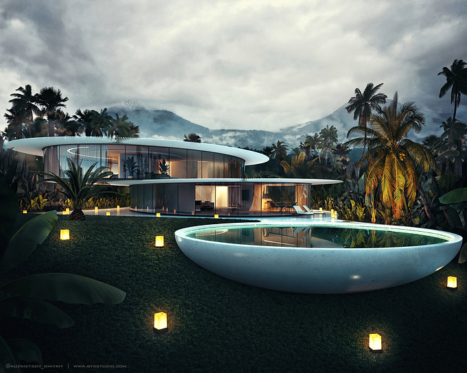 Kuznietsov Dmitriy Architect - http://bysstudio.com
GLASS HOUSE is a private house in Bali, Indonesia.
The building has 2 oval shape floors with glass facades. 
The pool is designed as a hemisphere covered with a blue mosaic inside.
There are lobby, hall, kitchen, bathroom, wardrobe on the 1st floor and 2 bedrooms, bathroom, wardrobe, open terrace on the 2nd floor.
Decorative elements in the form of long sticks used as sun protection. They have 3 positions: closed house, opened house and cool mode. You can set any position by using your smartphone. 
Each stick has smart sensors, so you shouldn`t worry they will hit you. 
You can lower sticks if you leave home for a long time.

Architect - Kuznietsov Dmitriy
Visualization - Kuznietsov Dmitriy

Contacts:
Website - bysstudio.com
Email - info@bysstudio.com
Instagram - @kuznietsov_dmitriy
Behance - https://www.behance.net/gallery/73843667/Glass-house-Bali
