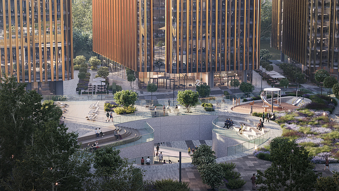 The buildings will be united by a single three-level underground parking with an area of 132 thousand m². Around the buildings there will be an all-season public space with shops, cafes and restaurants, and a park area.

Mail: hello@vis-on.studio
