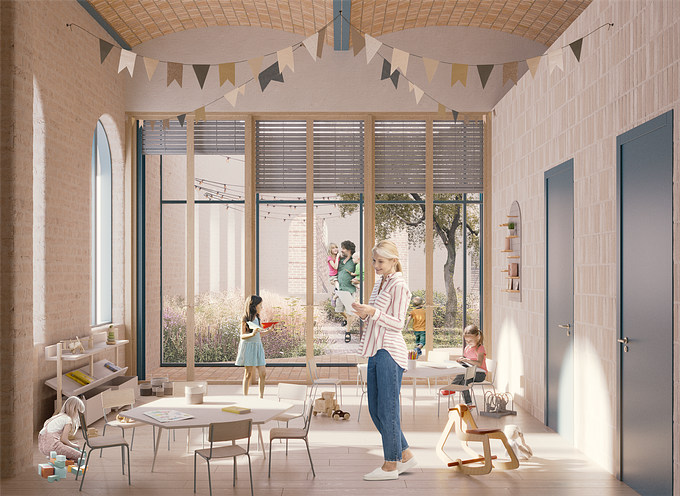 Creation of a cozy, inviting image of a kindergarten inside a former industrial area.