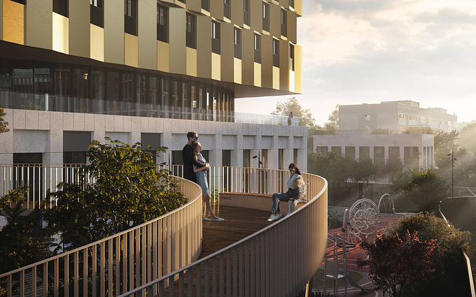 The two-level landscaping (the second level is the stylobate) with a floating bridge, playgrounds and sports grounds, areas for relaxation and communication and a central square, developed by the architectural bureau Kleinewelt Architekten, is a continuation of the overall concept of the complex.