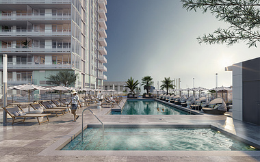 High-rise complex pool view rendering