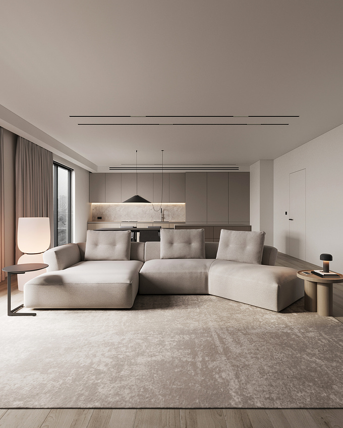 PROJECT DESCRIPTION: Minimalistic modern living room and bedroom in beige tones.

LOCATION: Spain  
YEAR: 2023  
SOFT: 3DS MAX, Corona Render
