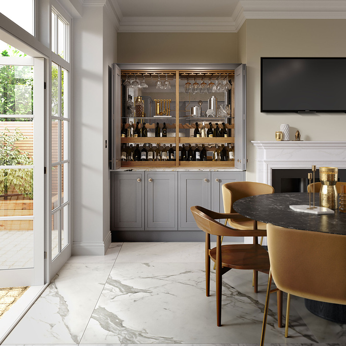 Grey kitchens are a designer's dream, when combined with appropriate palette there's limitless styling possibilities. In this CGI our interiors team have featured the best of both classic and contemporary styles, pairing wide bordered dust grey doors with premium countertops and gold accessories. They also planned a concealed home bar, hidden away from plain sight but handy when situations call for a celebration.

The interior layout and styling was crafted in-house and produced in 3D using 3DSMax, rendered using Corona renderer. Additional props and ornaments in the glazed cabinets were individually modelled with tweaks in Zbrush. Colour accuracy adjustments and finishing touches were added using Adobe Photoshop and Fusion Studio 16.

More of these kitchen sets > https://www.pikcells.com/portfolio/uform-kitchen-cgi/