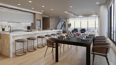 Interior rendering open concept dining room/kitchen/living room